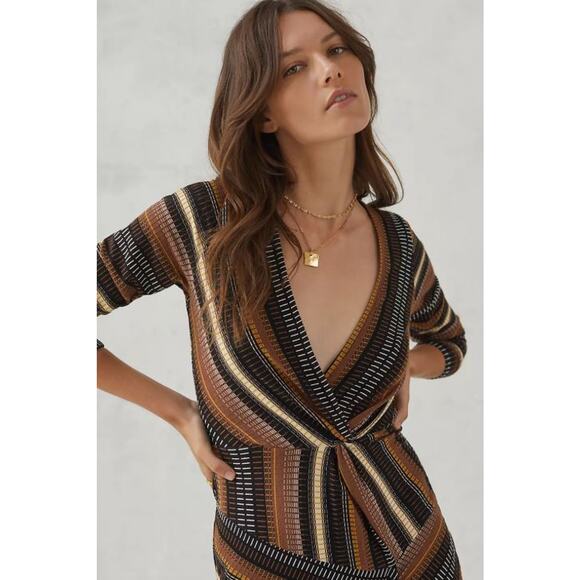 NWT Maeve by Anthropologie Striped Wrap Midi Dress Brown Multi Women's Size XS - Picture 2 of 7